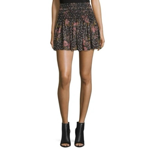Zadig & Voltaire Silk Smocked Waist Mini Skirt Jesse Print in Noir Sz. Small - Picture 1 of 11